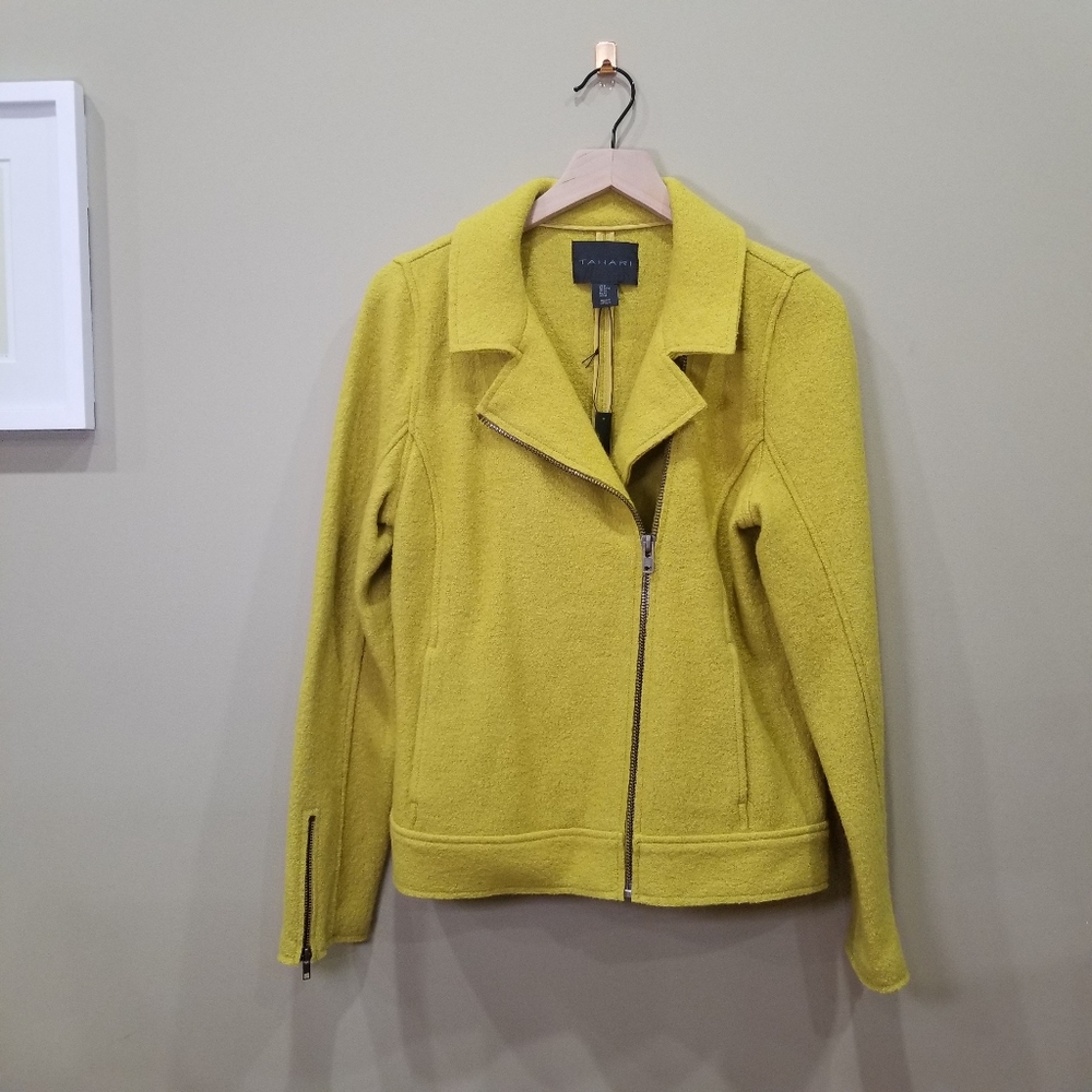 Tahari Chartreuse Notch Collar Moto Jacket